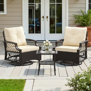 English Elm 3-piece Outdoor Wicker Bistro Set with Swivel Glider Chairs and Shelved Side Table Beige T3623P505193