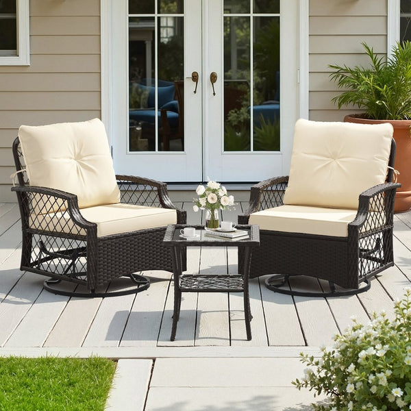 English Elm 3-piece Outdoor Wicker Bistro Set with Swivel Glider Chairs and Shelved Side Table Beige T3623P505193