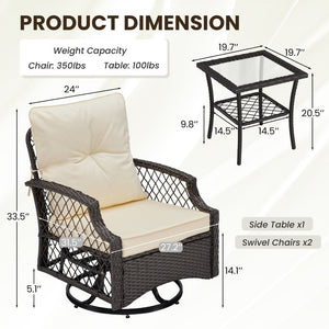 English Elm 3-piece Outdoor Wicker Bistro Set with Swivel Glider Chairs and Shelved Side Table Beige T3623P505193