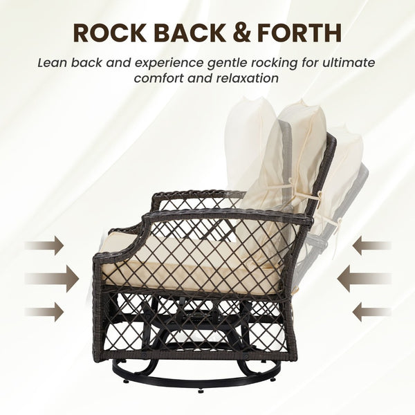 English Elm 3-piece Outdoor Wicker Bistro Set with Swivel Glider Chairs and Shelved Side Table Beige T3623P505193