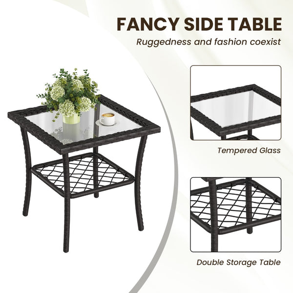 English Elm 3-piece Outdoor Wicker Bistro Set with Swivel Glider Chairs and Shelved Side Table Beige T3623P505193