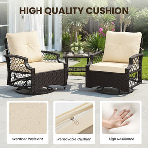English Elm 3-piece Outdoor Wicker Bistro Set with Swivel Glider Chairs and Shelved Side Table Beige T3623P505193