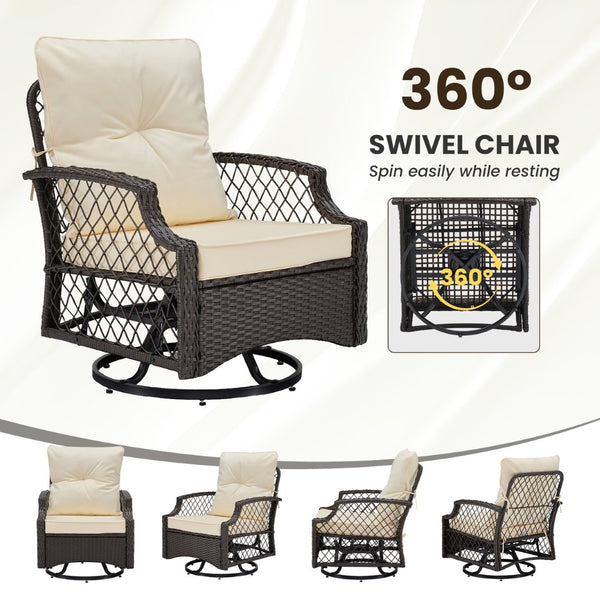 English Elm 3-piece Outdoor Wicker Bistro Set with Swivel Glider Chairs and Shelved Side Table Beige T3623P505193