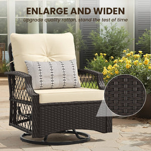 English Elm 3-piece Outdoor Wicker Bistro Set with Swivel Glider Chairs and Shelved Side Table Beige T3623P505193