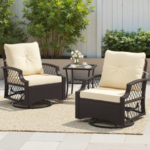 English Elm 3-piece Outdoor Wicker Bistro Set with Swivel Glider Chairs and Shelved Side Table Beige T3623P505193