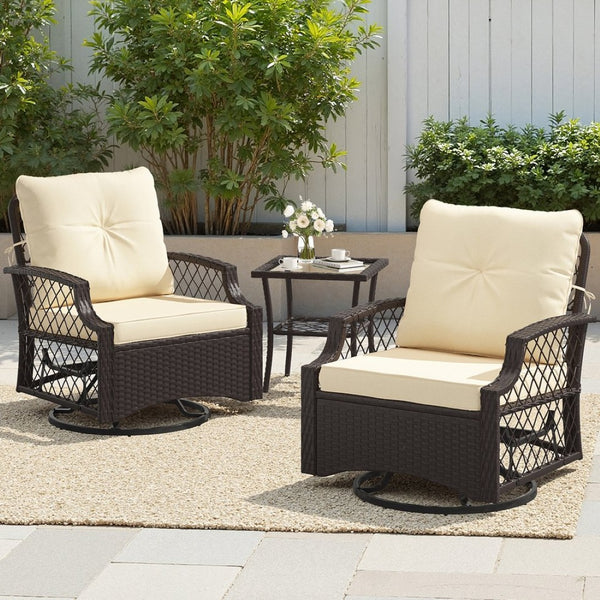 English Elm 3-piece Outdoor Wicker Bistro Set with Swivel Glider Chairs and Shelved Side Table Beige T3623P505193