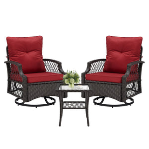 English Elm 3-piece Outdoor Wicker Bistro Set with Swivel Glider Chairs and Shelved Side Table Red T3623P505194