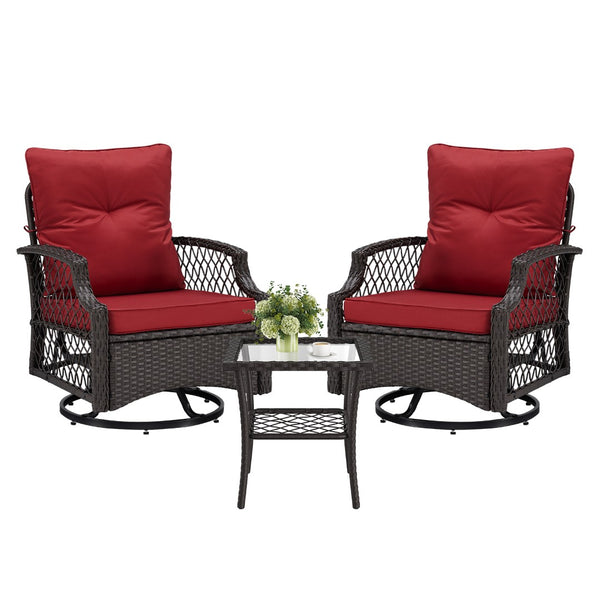English Elm 3-piece Outdoor Wicker Bistro Set with Swivel Glider Chairs and Shelved Side Table Red T3623P505194