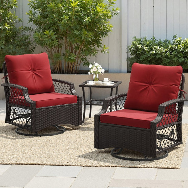 English Elm 3-piece Outdoor Wicker Bistro Set with Swivel Glider Chairs and Shelved Side Table Red T3623P505194