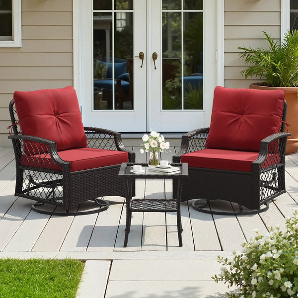 English Elm 3-piece Outdoor Wicker Bistro Set with Swivel Glider Chairs and Shelved Side Table Red T3623P505194