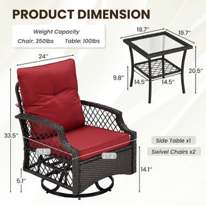 English Elm 3-piece Outdoor Wicker Bistro Set with Swivel Glider Chairs and Shelved Side Table Red T3623P505194