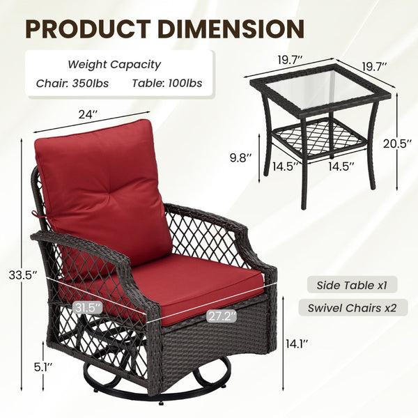English Elm 3-piece Outdoor Wicker Bistro Set with Swivel Glider Chairs and Shelved Side Table Red T3623P505194