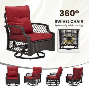 English Elm 3-piece Outdoor Wicker Bistro Set with Swivel Glider Chairs and Shelved Side Table Red T3623P505194