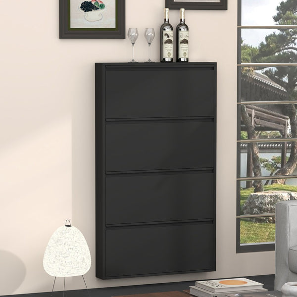 English Elm Metal Wall Mounted Shoe Cabinet Four Flip Compartments Slim Steel Entryway Organizer Black T3625P538037