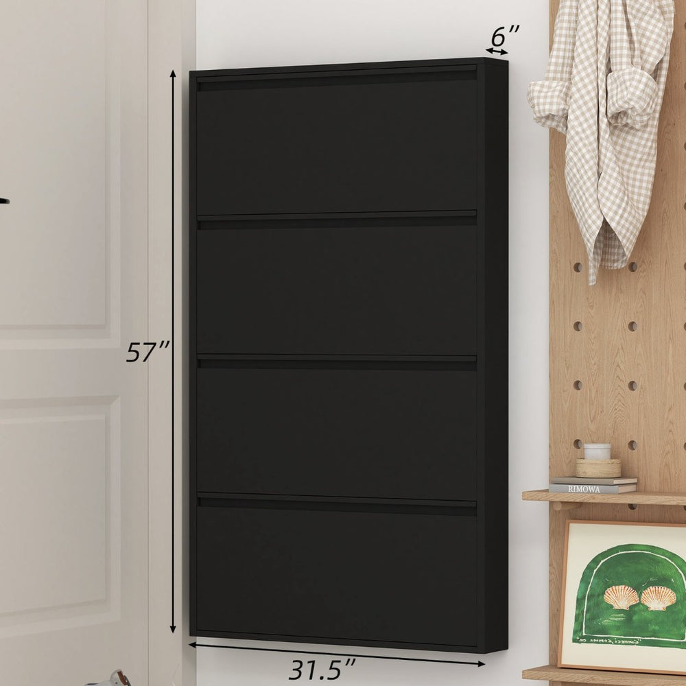 English Elm Metal Wall Mounted Shoe Cabinet Four Flip Compartments Slim Steel Entryway Organizer Black T3625P538037