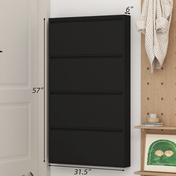 English Elm Metal Wall Mounted Shoe Cabinet Four Flip Compartments Slim Steel Entryway Organizer Black T3625P538037