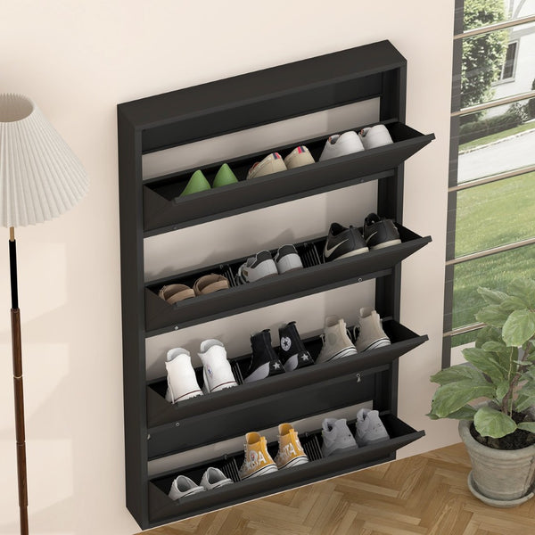English Elm Metal Wall Mounted Shoe Cabinet Four Flip Compartments Slim Steel Entryway Organizer Black T3625P538037