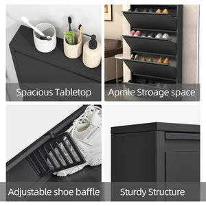 English Elm Metal Wall Mounted Shoe Cabinet Four Flip Compartments Slim Steel Entryway Organizer Black T3625P538037