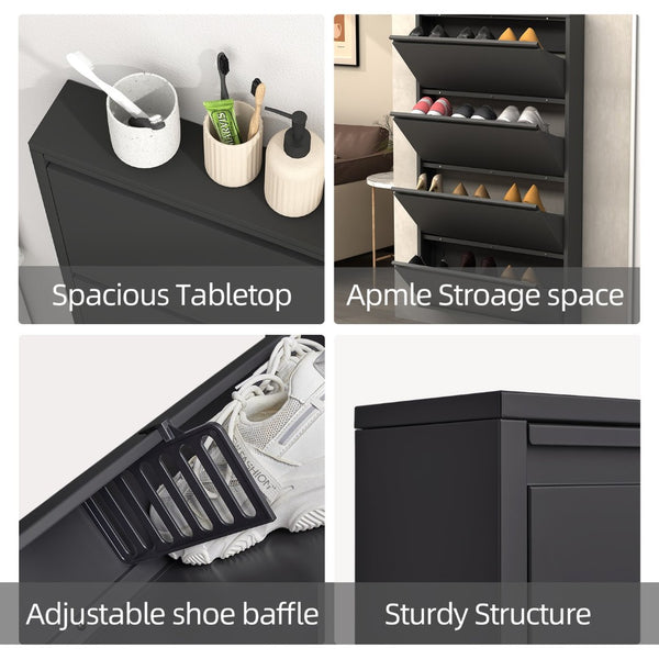 English Elm Metal Wall Mounted Shoe Cabinet Four Flip Compartments Slim Steel Entryway Organizer Black T3625P538037