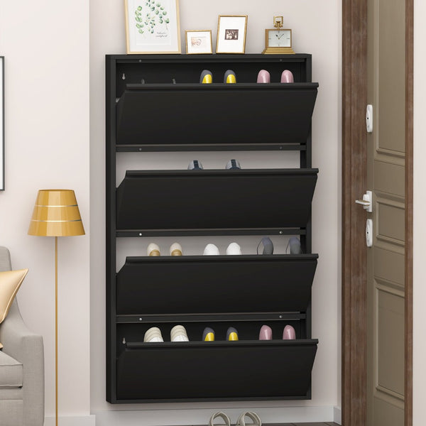 English Elm Metal Wall Mounted Shoe Cabinet Four Flip Compartments Slim Steel Entryway Organizer Black T3625P538037