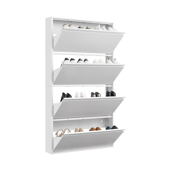 English Elm Metal Wall Mounted Shoe Cabinet Four Flip Compartments Slim Steel Entryway Organizer White T3625P538038
