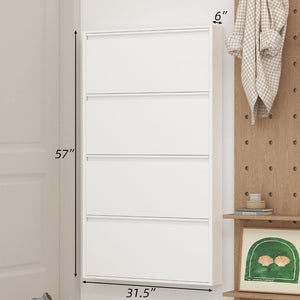 English Elm Metal Wall Mounted Shoe Cabinet Four Flip Compartments Slim Steel Entryway Organizer White T3625P538038