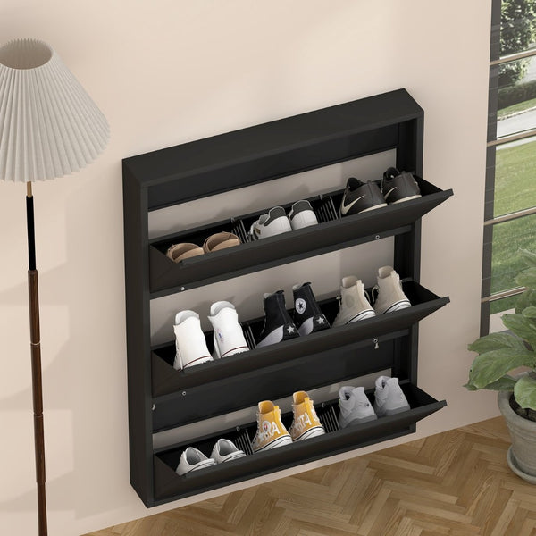 English Elm Metal Wall Mounted Shoe Cabinet Slim Flip Down Storage Rack for Entryway Hallway Black T3625P538039