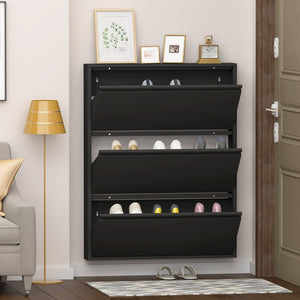 English Elm Metal Wall Mounted Shoe Cabinet Slim Flip Down Storage Rack for Entryway Hallway Black T3625P538039