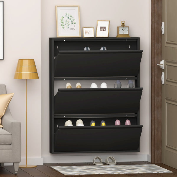 English Elm Metal Wall Mounted Shoe Cabinet Slim Flip Down Storage Rack for Entryway Hallway Black T3625P538039