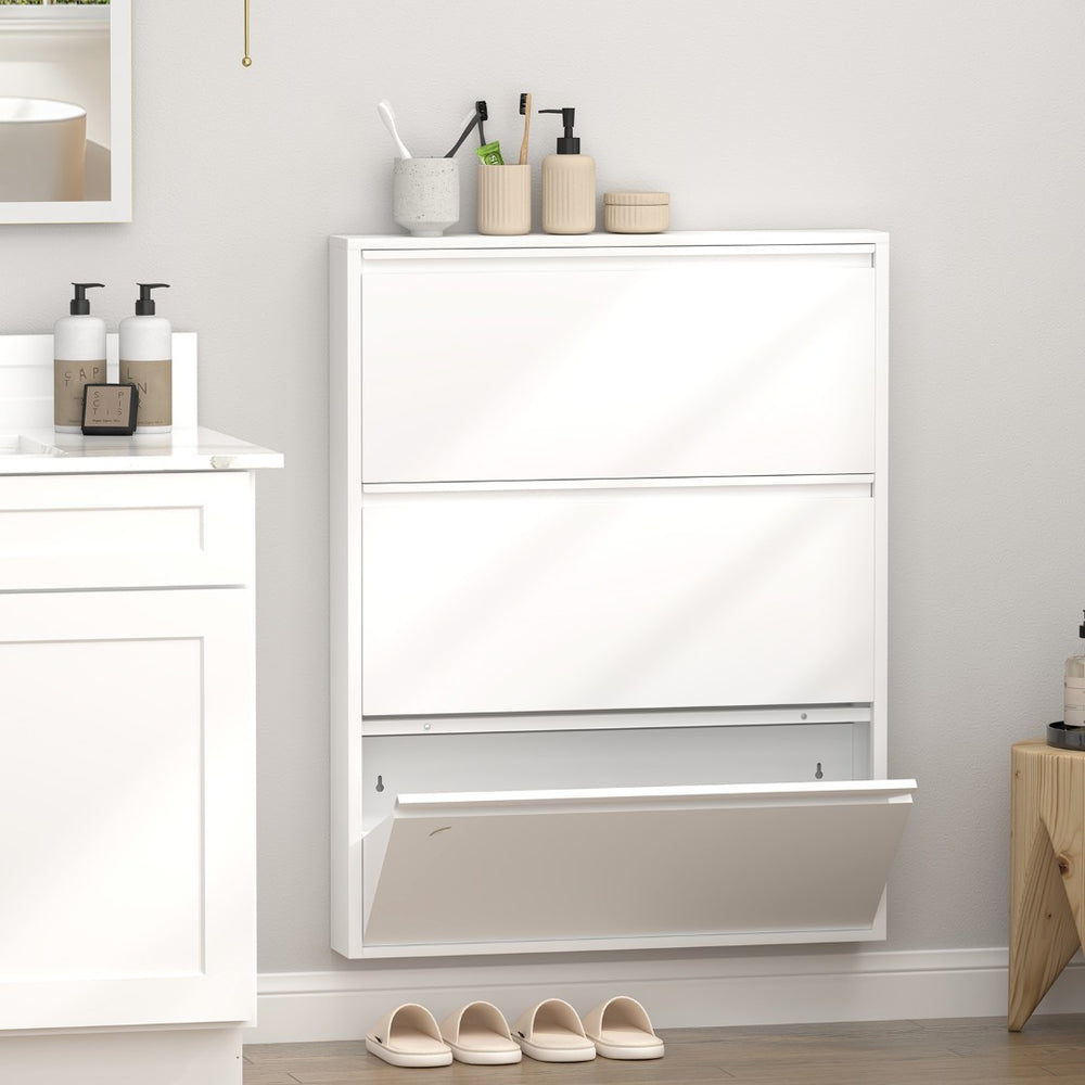 English Elm Metal Wall Mounted Shoe Cabinet Slim Flip Down Storage Rack for Entryway Hallway White T3625P538040