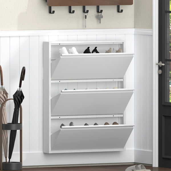 English Elm Metal Wall Mounted Shoe Cabinet Slim Flip Down Storage Rack for Entryway Hallway White T3625P538040