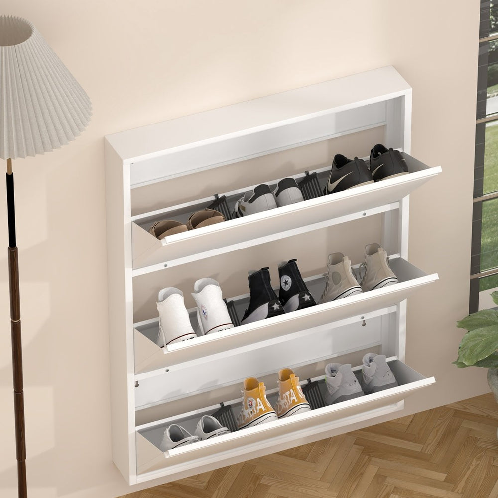 English Elm Metal Wall Mounted Shoe Cabinet Slim Flip Down Storage Rack for Entryway Hallway White T3625P538040