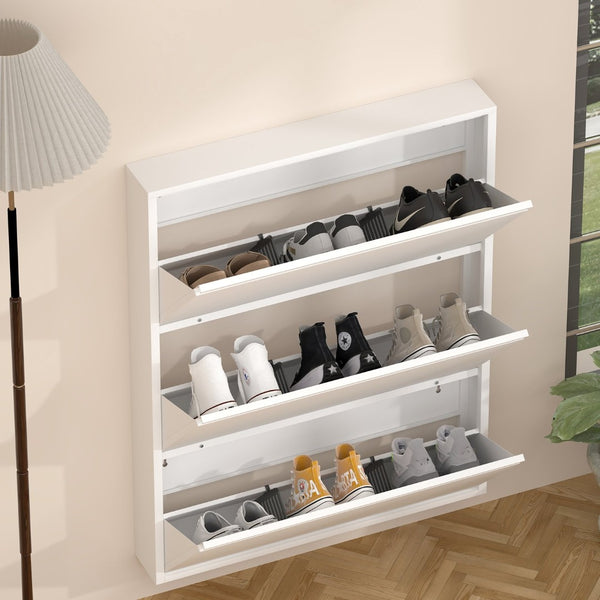 English Elm Metal Wall Mounted Shoe Cabinet Slim Flip Down Storage Rack for Entryway Hallway White T3625P538040