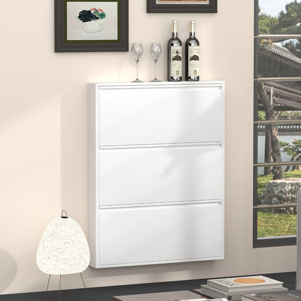 English Elm Metal Wall Mounted Shoe Cabinet Slim Flip Down Storage Rack for Entryway Hallway White T3625P538040