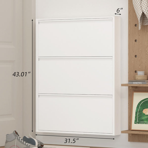 English Elm Metal Wall Mounted Shoe Cabinet Slim Flip Down Storage Rack for Entryway Hallway White T3625P538040