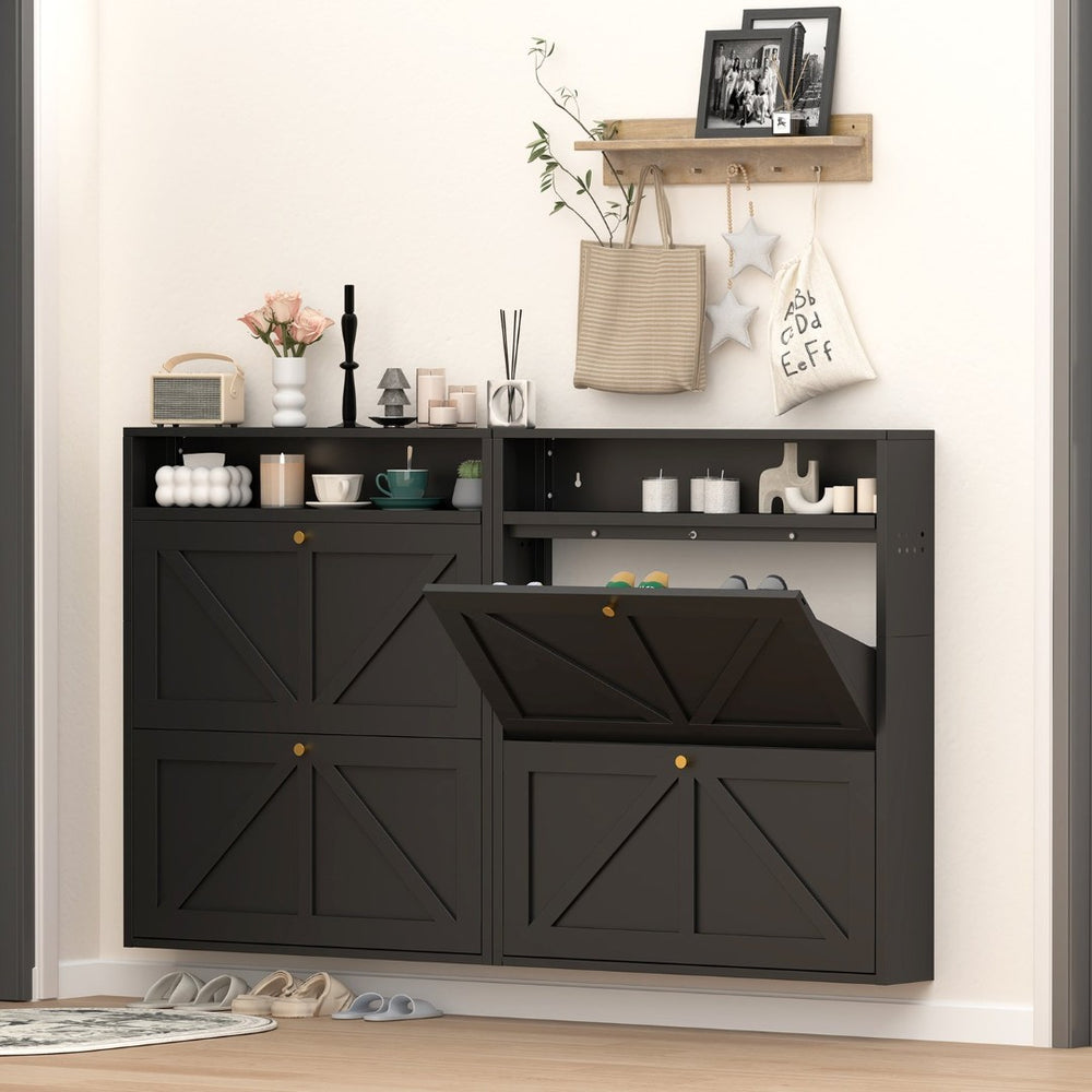 English Elm Metal Wall Mounted Shoe Cabinet Slim Steel Flip Door Entryway Organizer Rack Black T3625P538041