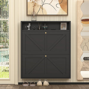 English Elm Metal Wall Mounted Shoe Cabinet Slim Steel Flip Door Entryway Organizer Rack Black T3625P538041