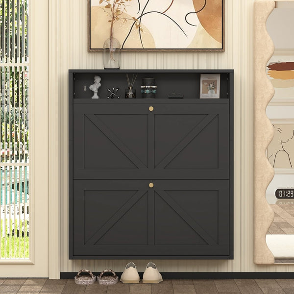 English Elm Metal Wall Mounted Shoe Cabinet Slim Steel Flip Door Entryway Organizer Rack Black T3625P538041