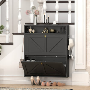 English Elm Metal Wall Mounted Shoe Cabinet Slim Steel Flip Door Entryway Organizer Rack Black T3625P538041