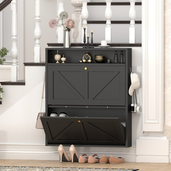 English Elm Metal Wall Mounted Shoe Cabinet Slim Steel Flip Door Entryway Organizer Rack Black T3625P538041