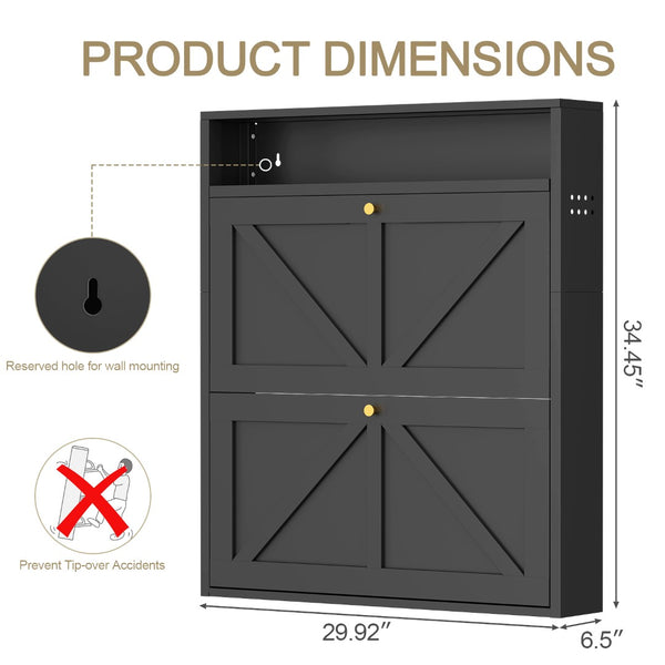 English Elm Metal Wall Mounted Shoe Cabinet Slim Steel Flip Door Entryway Organizer Rack Black T3625P538041