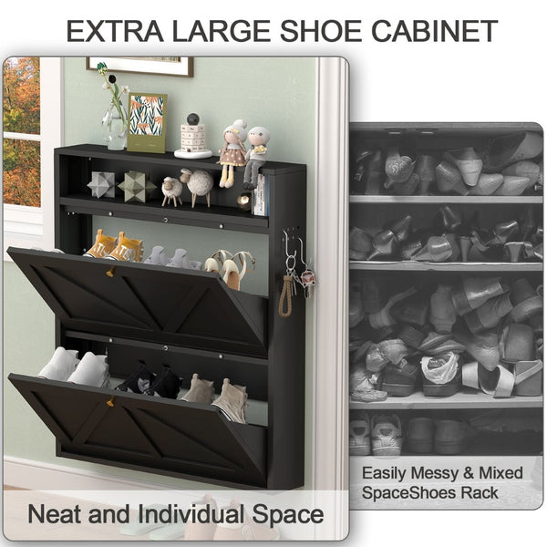 English Elm Metal Wall Mounted Shoe Cabinet Slim Steel Flip Door Entryway Organizer Rack Black T3625P538041