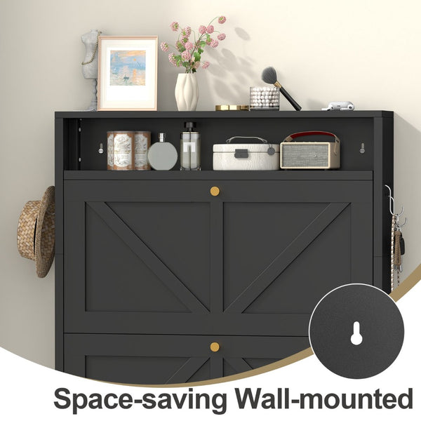 English Elm Metal Wall Mounted Shoe Cabinet Slim Steel Flip Door Entryway Organizer Rack Black T3625P538041