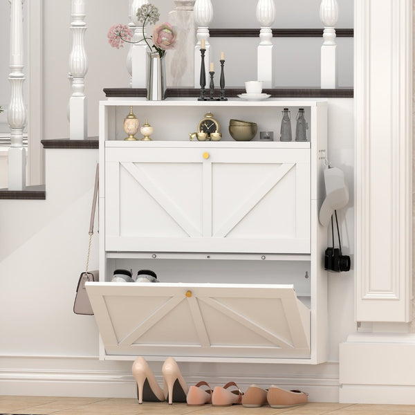 English Elm Metal Wall Mounted Shoe Cabinet Slim Steel Flip Door Entryway Organizer Rack White T3625P538042