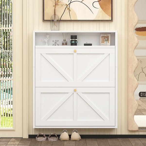 English Elm Metal Wall Mounted Shoe Cabinet Slim Steel Flip Door Entryway Organizer Rack White T3625P538042