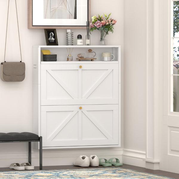 English Elm Metal Wall Mounted Shoe Cabinet Slim Steel Flip Door Entryway Organizer Rack White T3625P538042