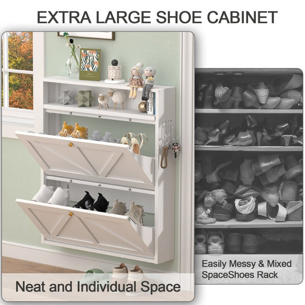 English Elm Metal Wall Mounted Shoe Cabinet Slim Steel Flip Door Entryway Organizer Rack White T3625P538042