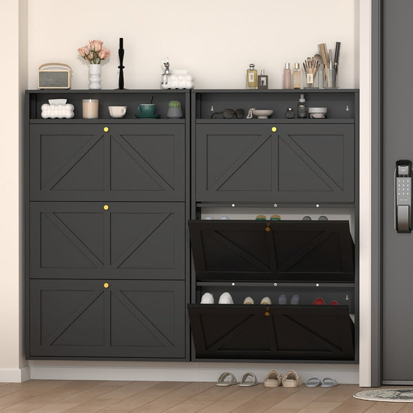 English Elm Metal Wall Mounted Shoe Cabinet with Flip Compartments for Slim Entryway Storage Black T3625P538043