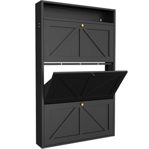 English Elm Metal Wall Mounted Shoe Cabinet with Flip Compartments for Slim Entryway Storage Black T3625P538043