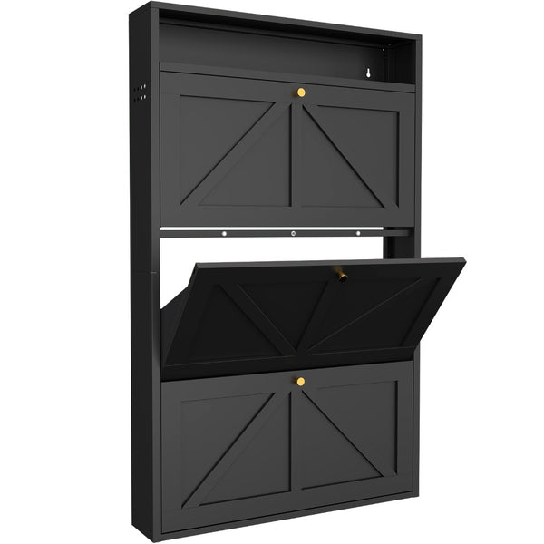 English Elm Metal Wall Mounted Shoe Cabinet with Flip Compartments for Slim Entryway Storage Black T3625P538043